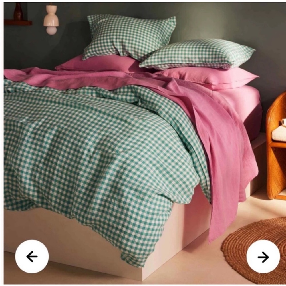 Brooklinen Washed European Linen Light Turquoise White Gingham Duvet Cover F/Q